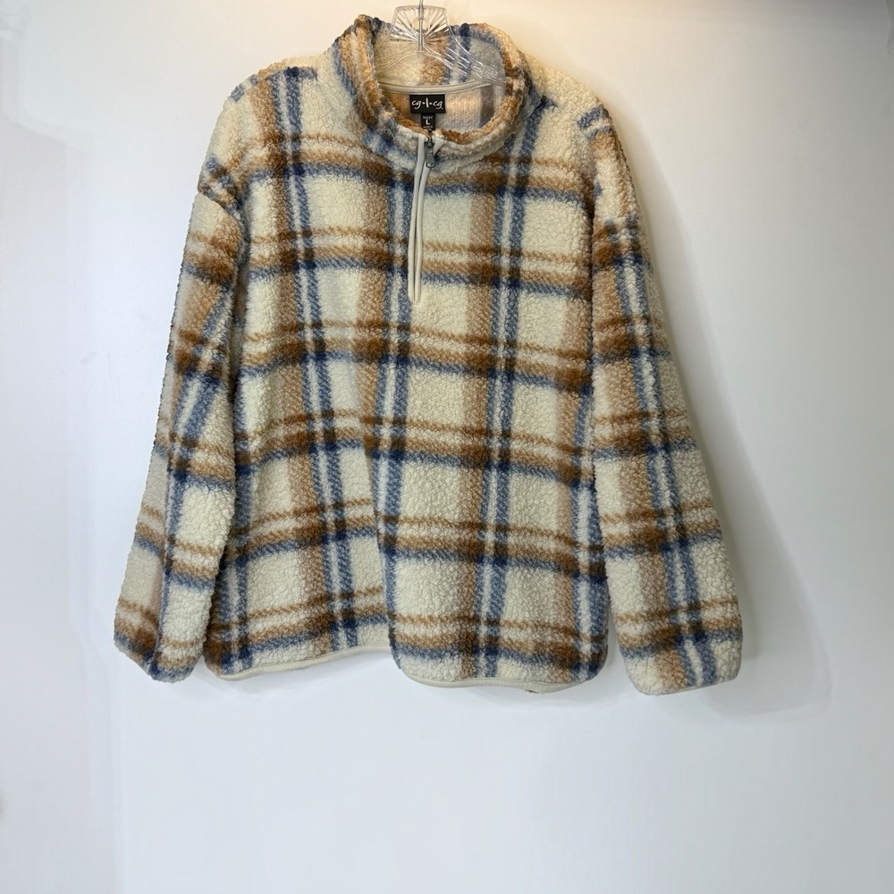 Sherpa 1/4 Zip Long Sleeve Mock Collar Pullover Pockets Oversized Womens Missy L